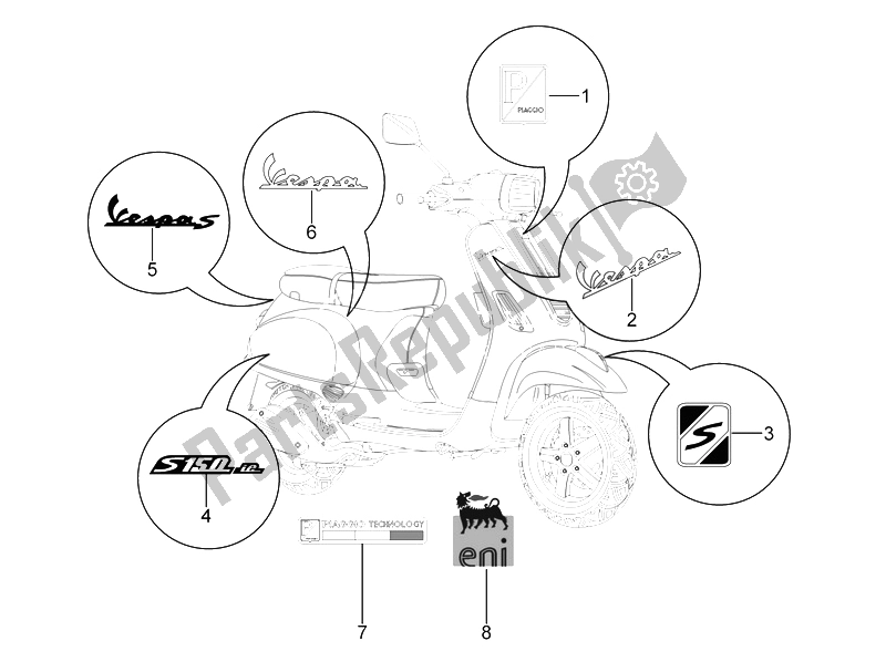 Todas as partes de Placas - Emblemas do Vespa S 125 4T IE E3 Vietnam 2011