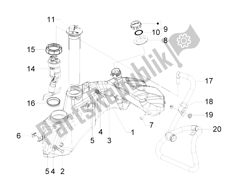 All parts for the Fuel Tank of the Vespa GTS 300 IE ABS USA 2014