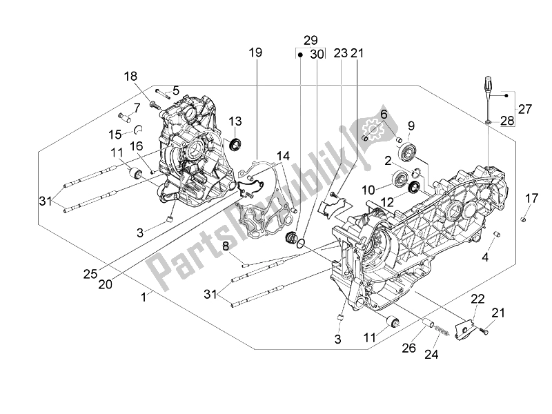 All parts for the Crankcase of the Vespa Granturismo 200 L USA 2007