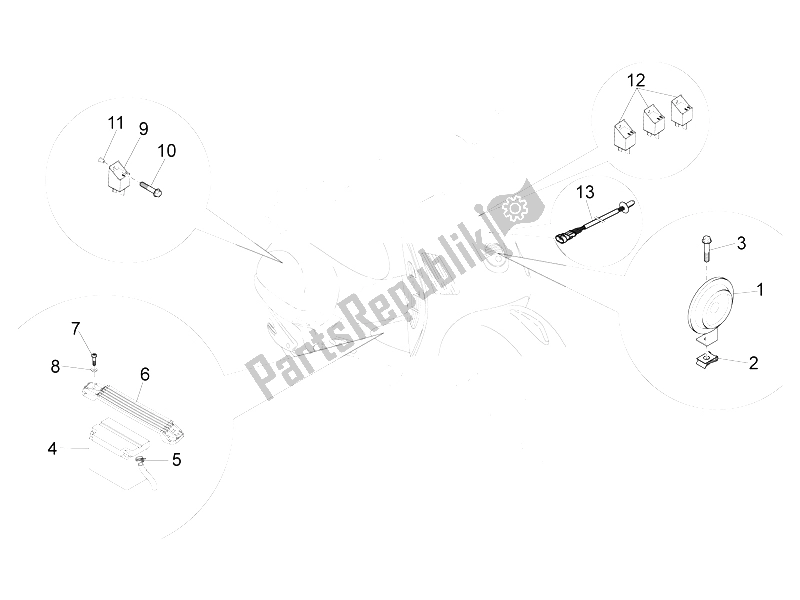 Tutte le parti per il Interruttori Del Telecomando - Batteria - Avvisatore Acustico del Vespa GTS 250 2005