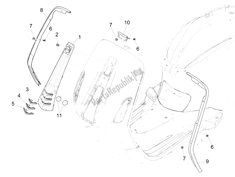 All parts for the Front Shield of the Vespa Sprint 50 2T2V 2014