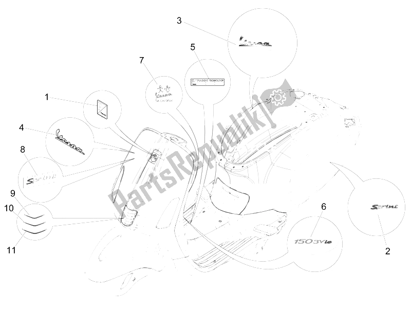 Toutes les pièces pour le Plaques - Emblèmes du Vespa 150 Sprint 4T 3V IE China 2015