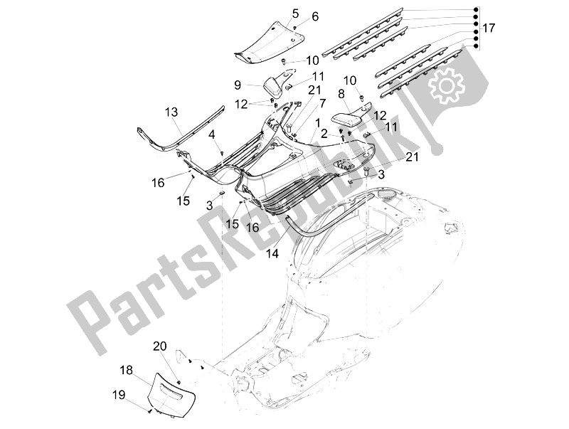 Tutte le parti per il Copertura Centrale - Poggiapiedi del Vespa Primavera 50 4T 4V 2014