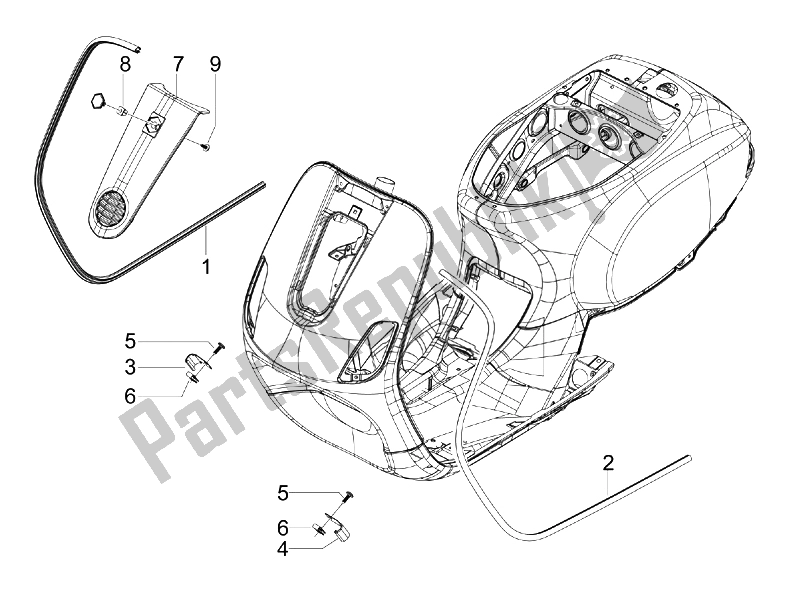 All parts for the Front Shield of the Vespa LXV 125 4T Navy E3 2007