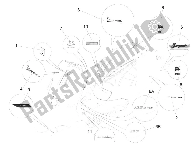 Tutte le parti per il Piatti - Emblemi del Vespa Vespa Primavera 125 4T 3V Iget ABS EU 2016