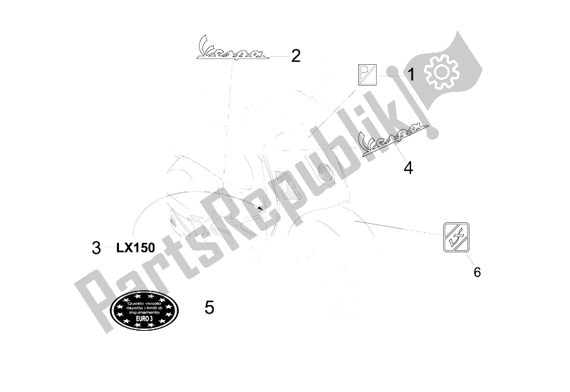 Toutes les pièces pour le Plaques - Emblèmes du Vespa LX 150 4T E3 2009