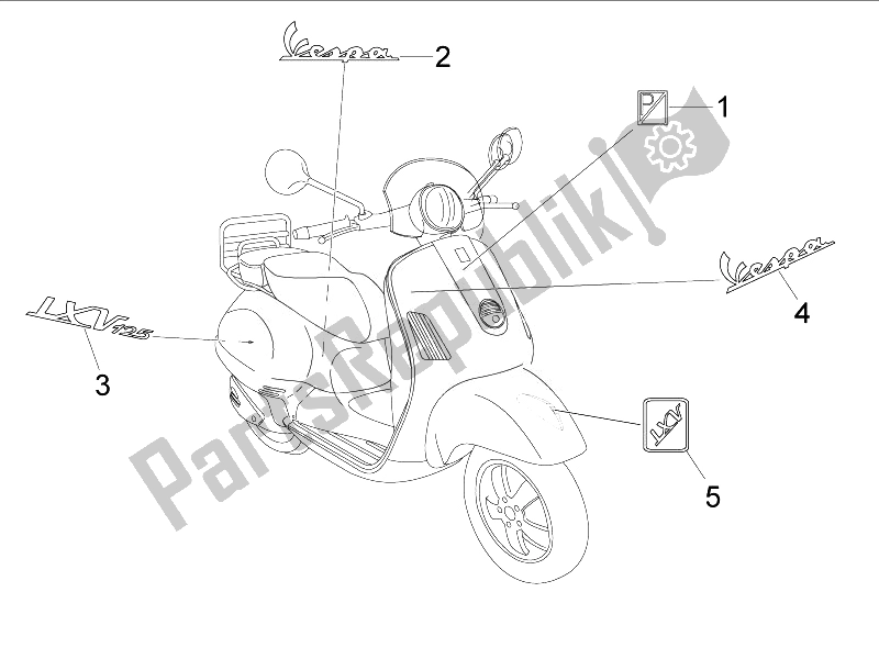 Toutes les pièces pour le Plaques - Emblèmes du Vespa LXV 125 4T Navy E3 2007