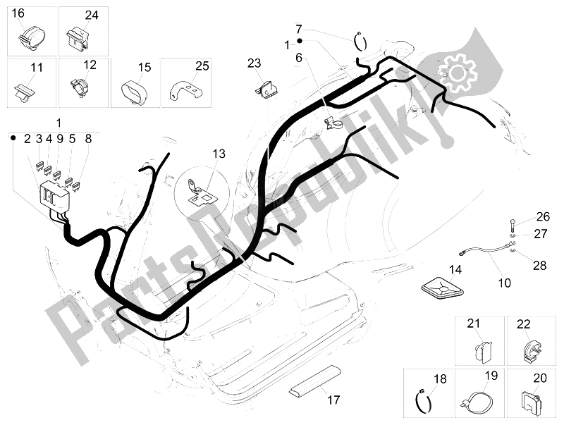 All parts for the Main Cable Harness of the Vespa GTS 125 4T IE Super E3 2009