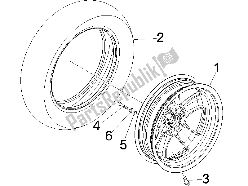 All parts for the Front Wheel of the Vespa GTS 125 4T E3 UK 2007
