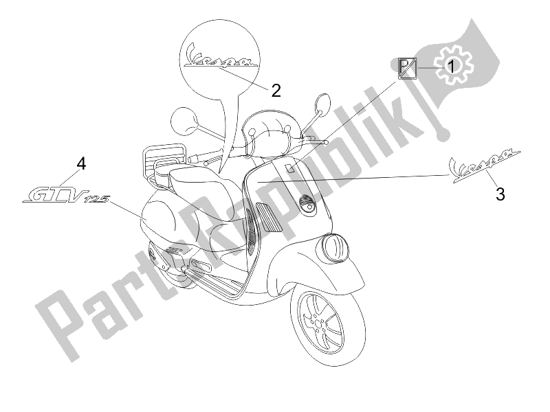 All parts for the Plates - Emblems of the Vespa GTV 125 4T E3 UK 2006