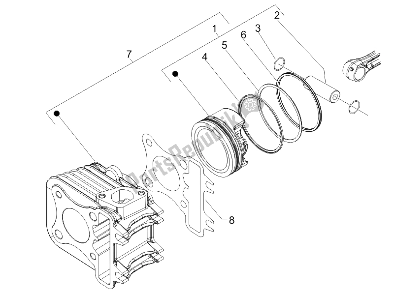 All parts for the Cylinder-piston-wrist Pin Unit of the Vespa LX 125 4T E3 2009