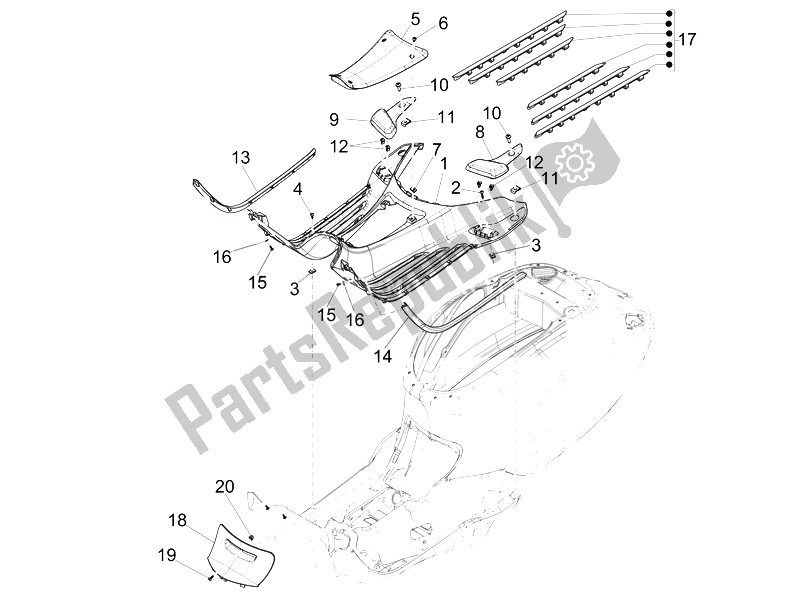 All parts for the Central Cover - Footrests of the Vespa 150 4T 3V IE Primavera 2014