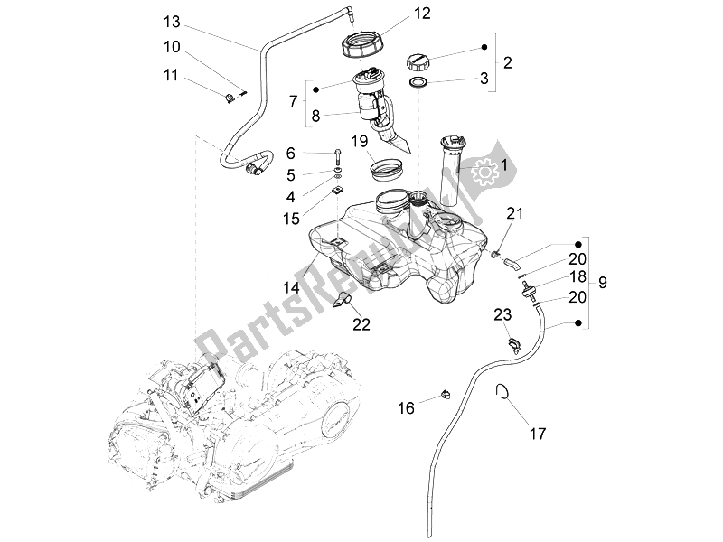All parts for the Fuel Tank of the Vespa LXV 125 4T 3V E3 Vietnam 2014