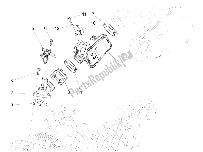 Tutte le parti per il Corpo Farfallato - Iniettore - Raccordo del Vespa LT 125 4T 3V IE E3 Vietnam 2014