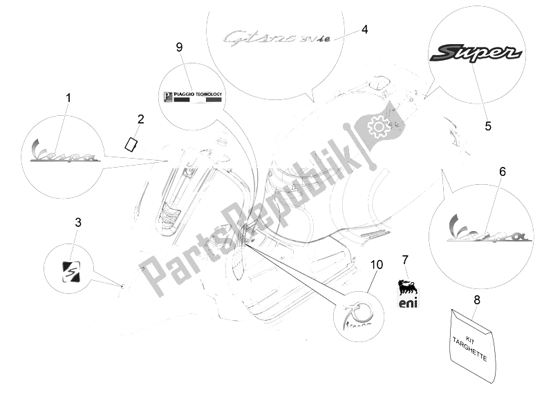 Todas las partes para Placas - Emblemas de Vespa Vespa GTS 125 4T 3V IE Super Asia 2014