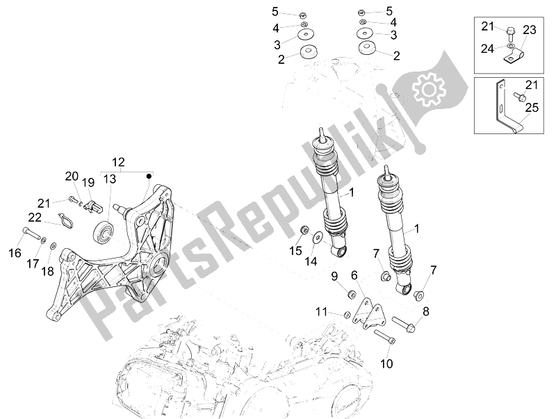 Todas as partes de Suspensão Traseira - Amortecedor / S do Vespa Vespa GTS 300 IE ABS USA Canada 2014
