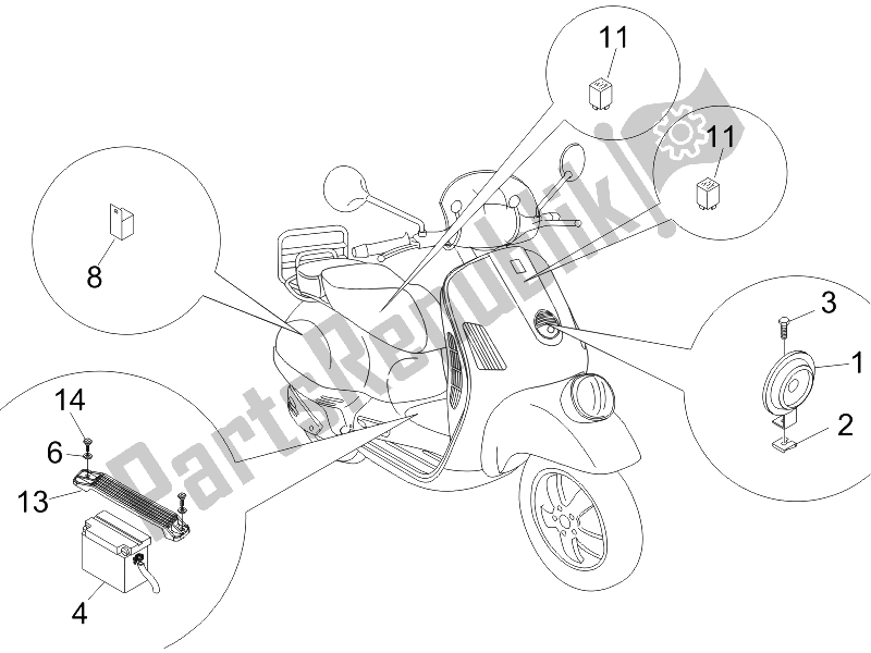 Todas las partes para Interruptores De Control Remoto - Batería - Bocina de Vespa GTV 125 4T E3 2006