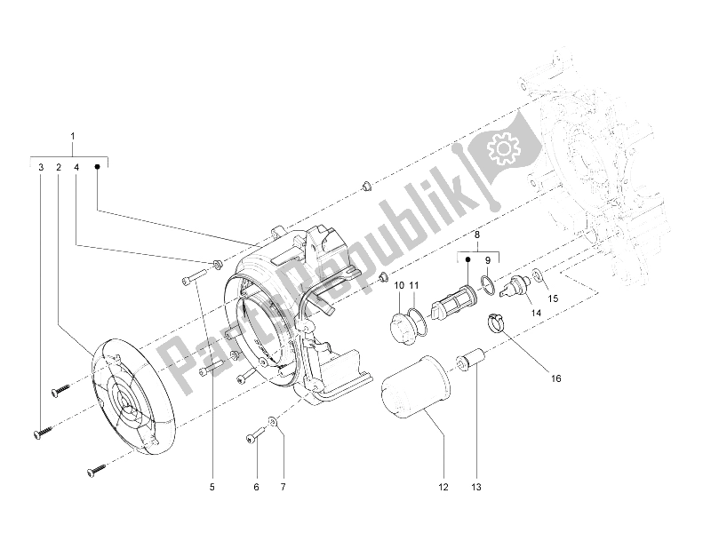 Alle onderdelen voor de Vliegwiel Magneto Deksel - Oliefilter van de Vespa S 125 4T 2V E3 Taiwan 2011