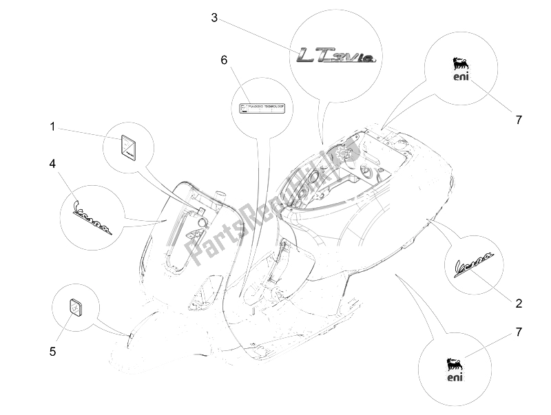 Tutte le parti per il Piatti - Emblemi del Vespa LT 125 4T 3V IE E3 Vietnam 2014