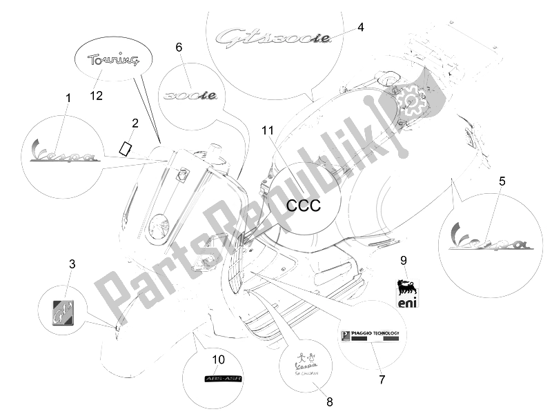 Todas las partes para Placas - Emblemas de Vespa GTS 300 IE ABS China 2014