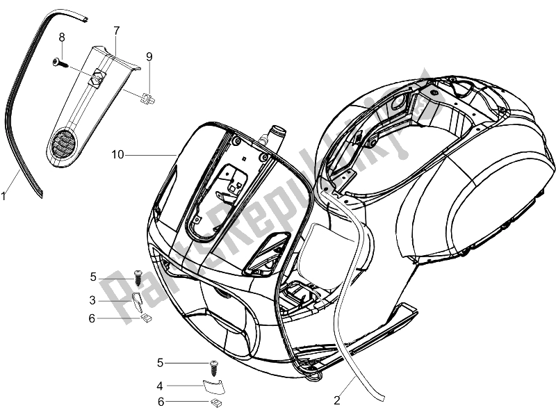 All parts for the Front Shield of the Vespa LX 50 4T USA 2006