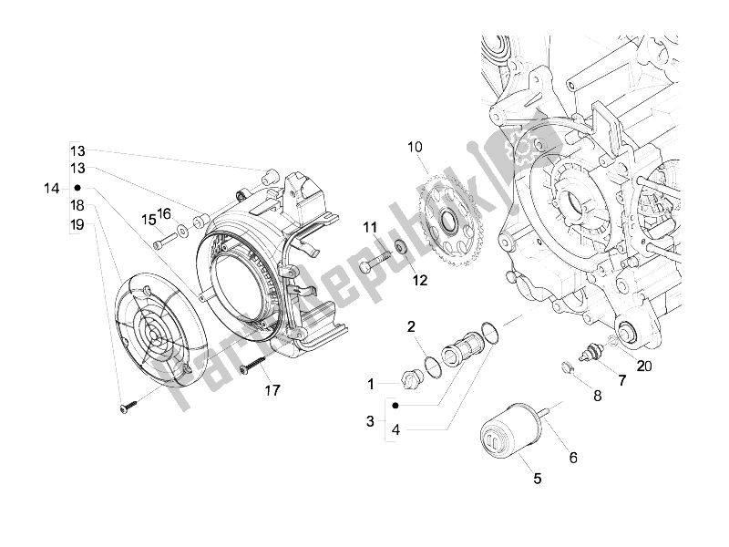 Toutes les pièces pour le Couvercle Magnéto Volant - Filtre à Huile du Vespa LX 125 4T IE E3 Touring 2010