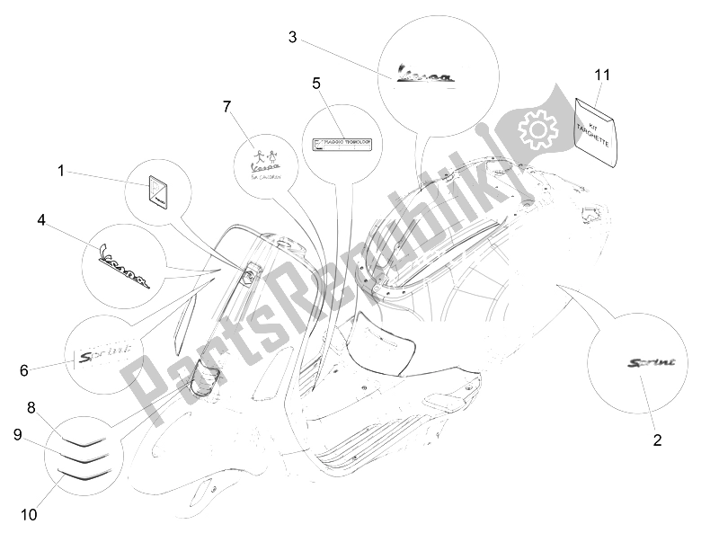 All parts for the Plates - Emblems of the Vespa Sprint 50 4T 2V 25 KMH B NL 2014