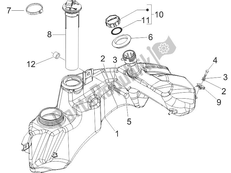 All parts for the Fuel Tank of the Vespa GTS 250 USA 2005