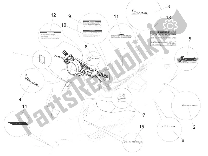 Toutes les pièces pour le Plaques - Emblèmes du Vespa Vespa Primavera 150 4T 3V Iget E4 ABS USA Canada 2016