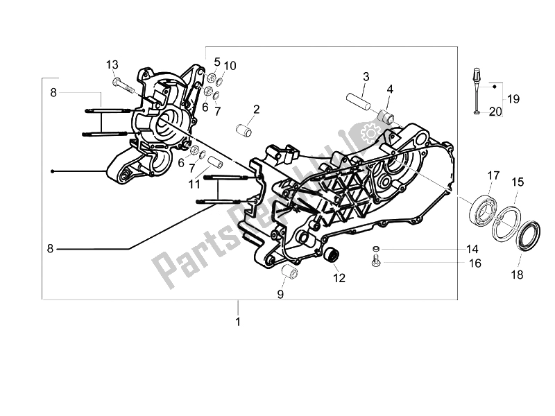 All parts for the Crankcase of the Vespa LX 50 2T E2 Touring 30 KMH 2010