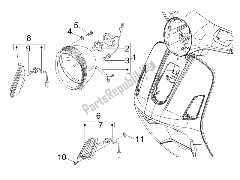 All parts for the Front Headlamps - Turn Signal Lamps of the Vespa LX 125 4T IE E3 Touring 2010