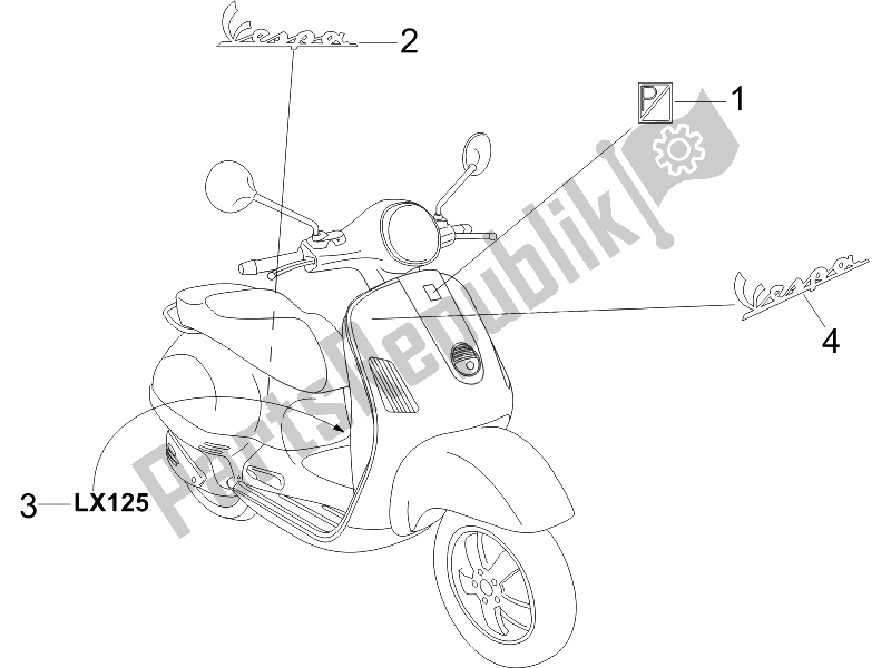 Toutes les pièces pour le Plaques - Emblèmes du Vespa LX 125 4T E3 2009