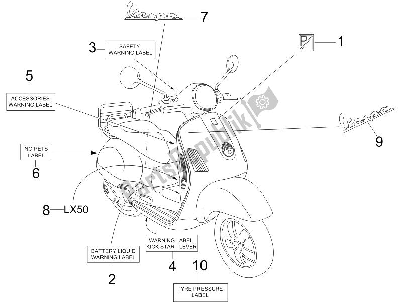 Alle onderdelen voor de Borden - Emblemen van de Vespa LX 50 4T USA 2006