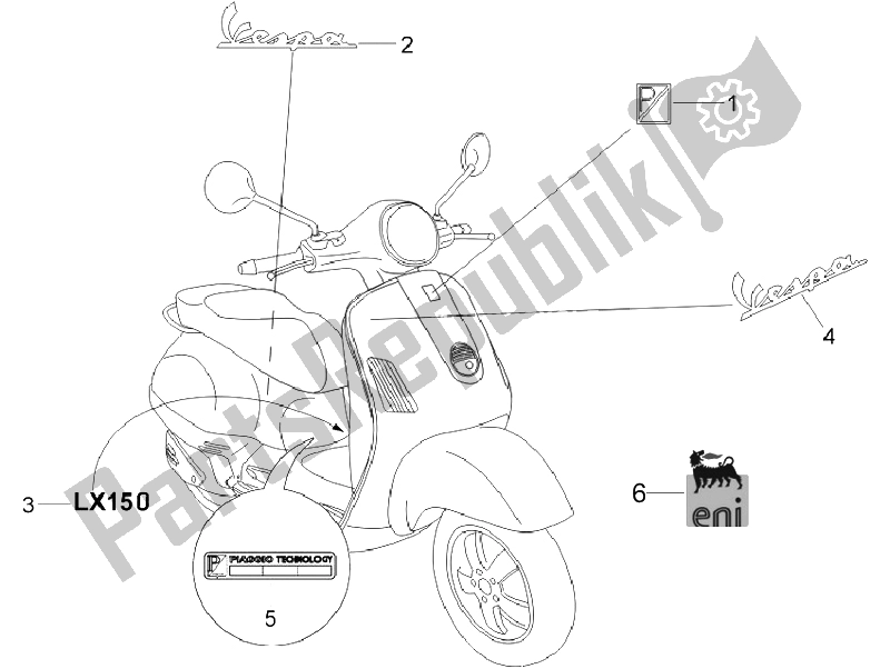 Alle onderdelen voor de Borden - Emblemen van de Vespa LX 150 4T IE E3 Vietnam 2011