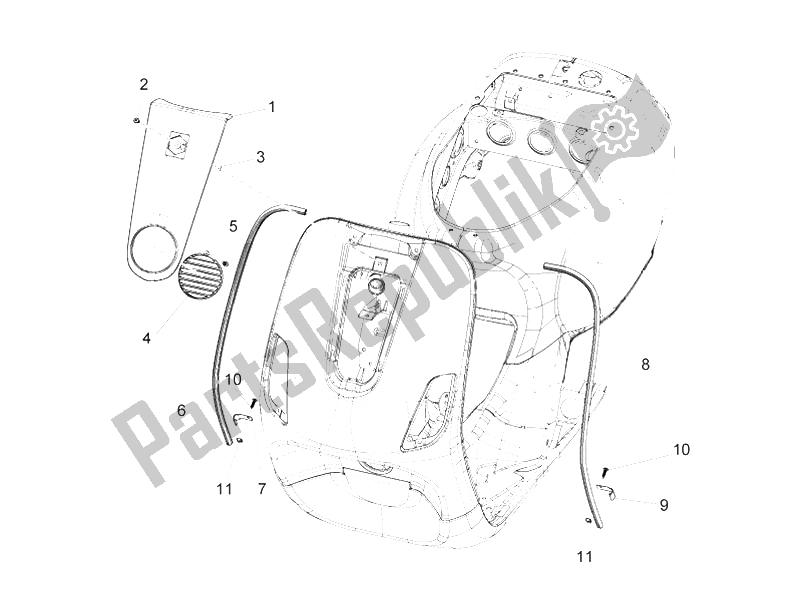 All parts for the Front Shield of the Vespa LX 125 4T 2V IE E3 Taiwan 2011