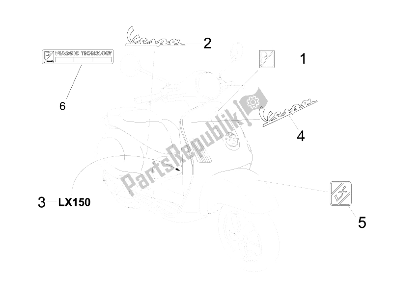 All parts for the Plates - Emblems of the Vespa LX 150 4T IE E3 2009