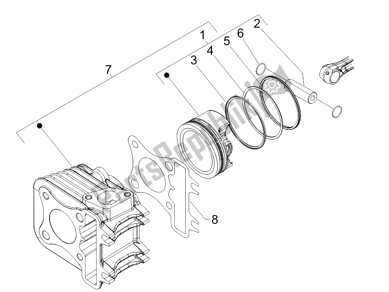 Alle onderdelen voor de Cilinder-zuiger-pols-peneenheid van de Vespa LX 150 4T IE E3 2009