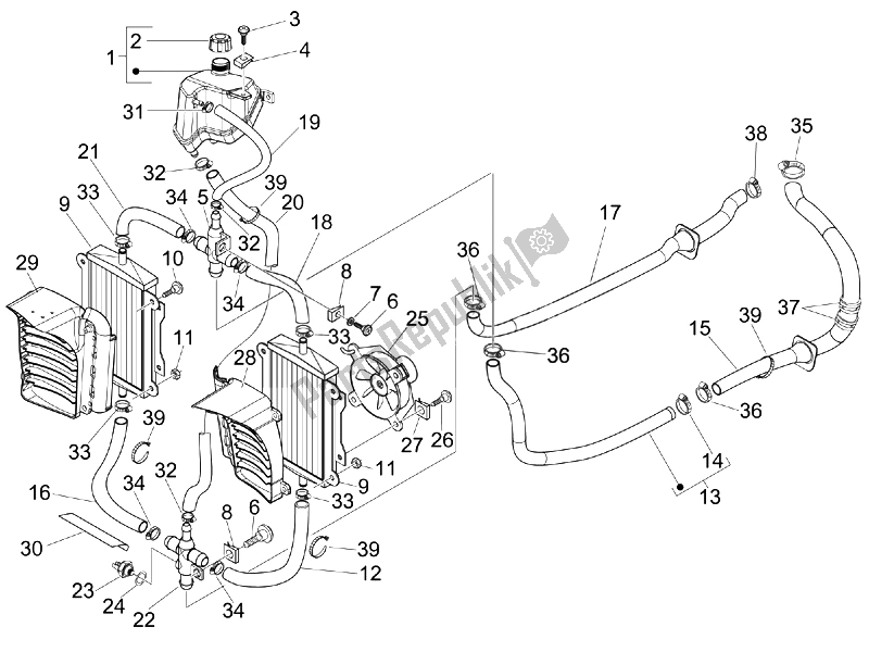 All parts for the Cooling System of the Vespa Granturismo 200 L USA 2007