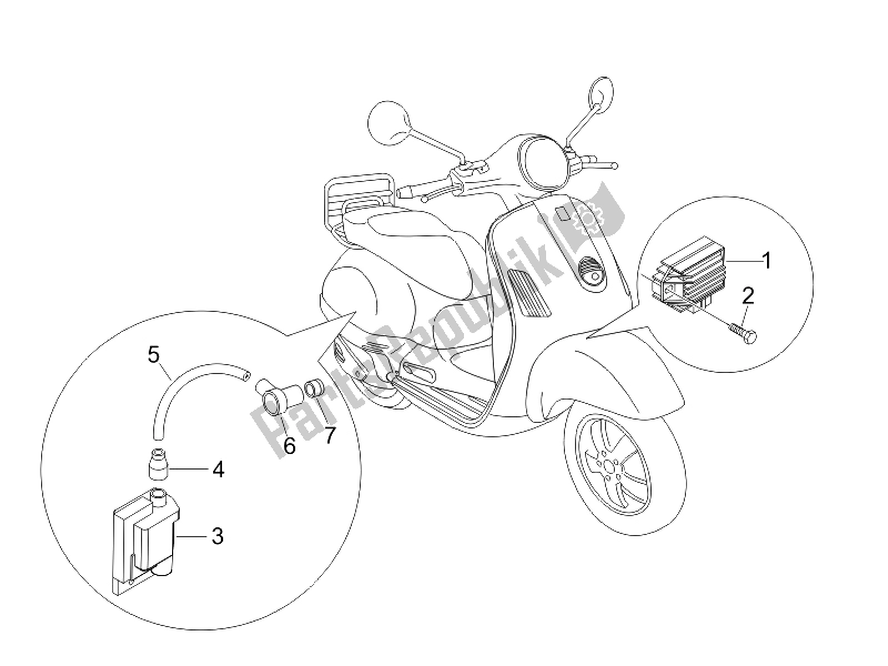 Alle onderdelen voor de Spanningsregelaars - Elektronische Regeleenheden (ecu) - H. T. Spoel van de Vespa LX 50 4T USA 2009