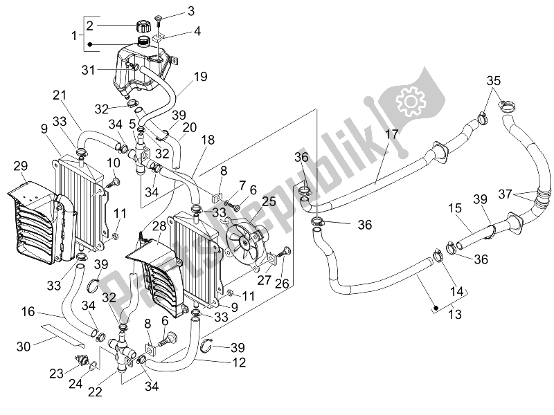 All parts for the Cooling System of the Vespa Granturismo 200 L USA 2006