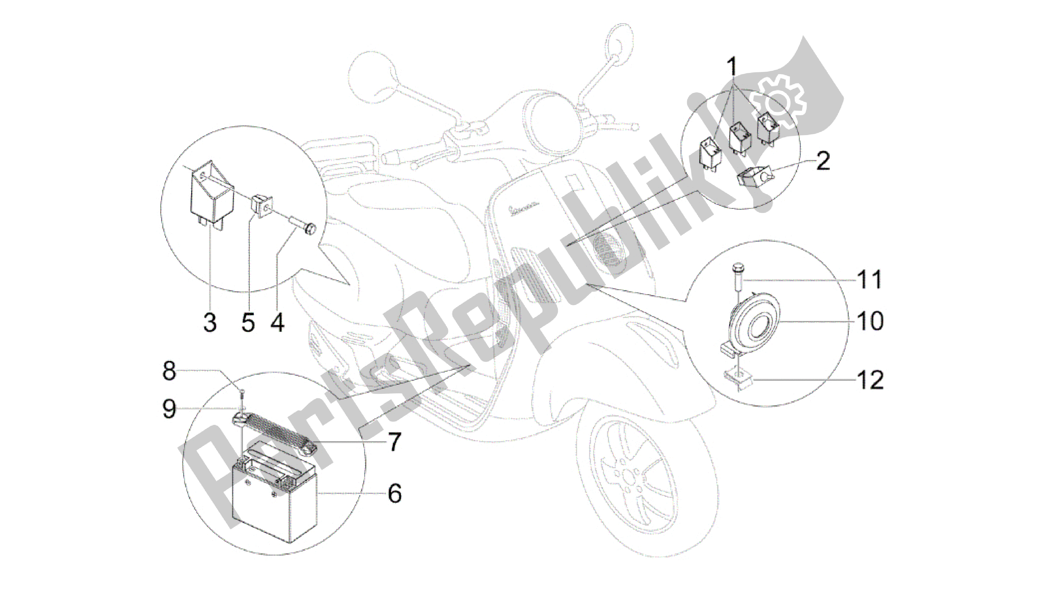 Todas las partes para Telerruptores - Bateria - Claxon de Vespa GTS 300 2011 - 2012