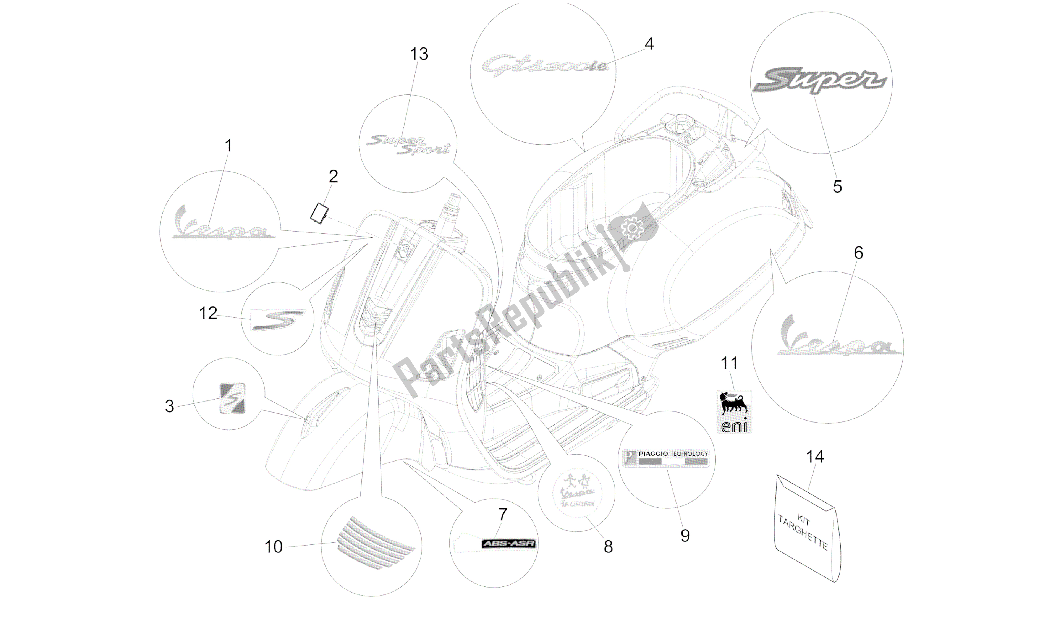 Alle onderdelen voor de Letreros - Escudo's van de Vespa GTS 300 2008 - 2014