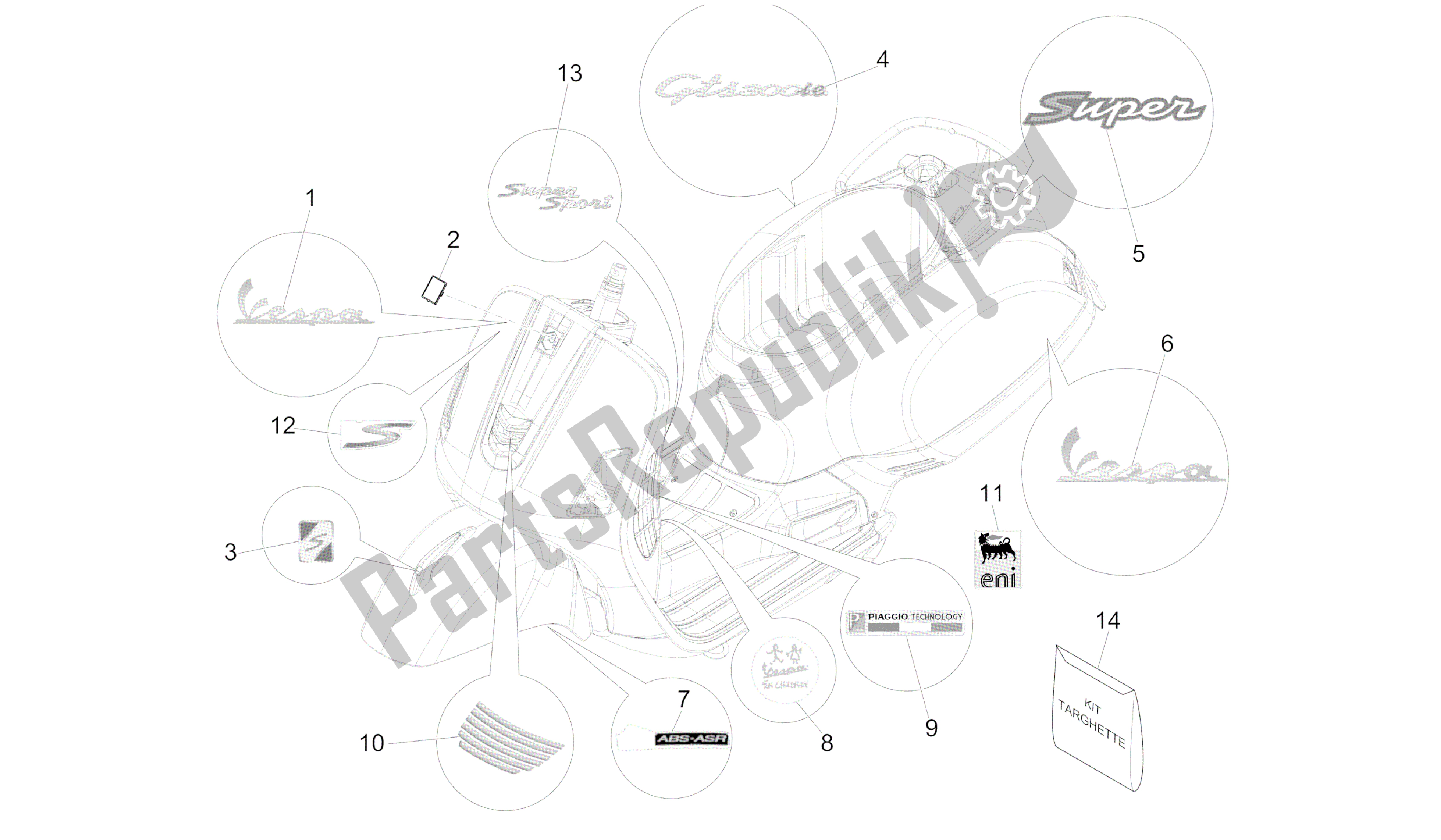 Wszystkie części do Letreros - Escudos Vespa GTS 300 2008 - 2014