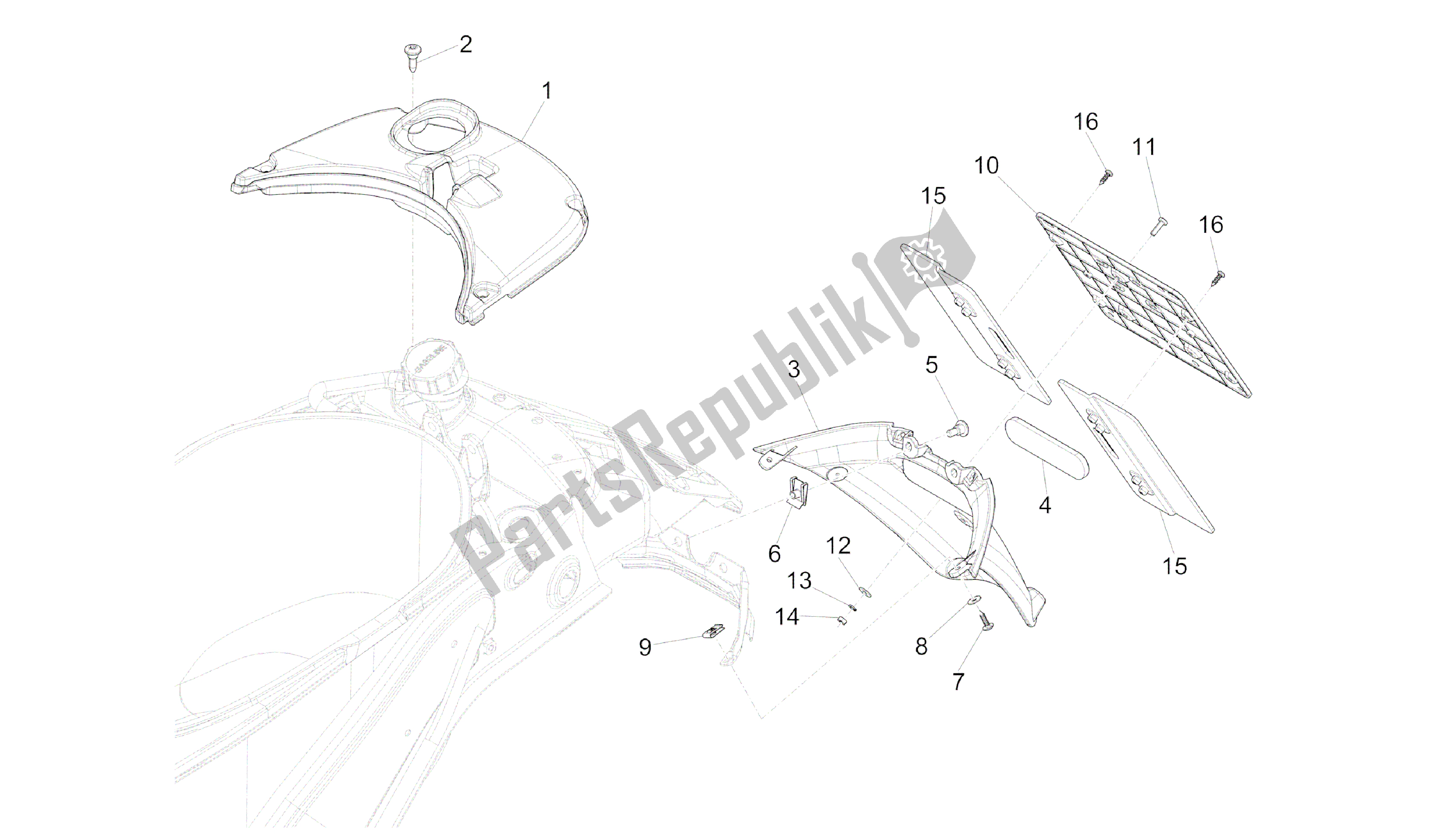 All parts for the Dekplaten Achter - Spatlap of the Vespa Primavera 150 2014