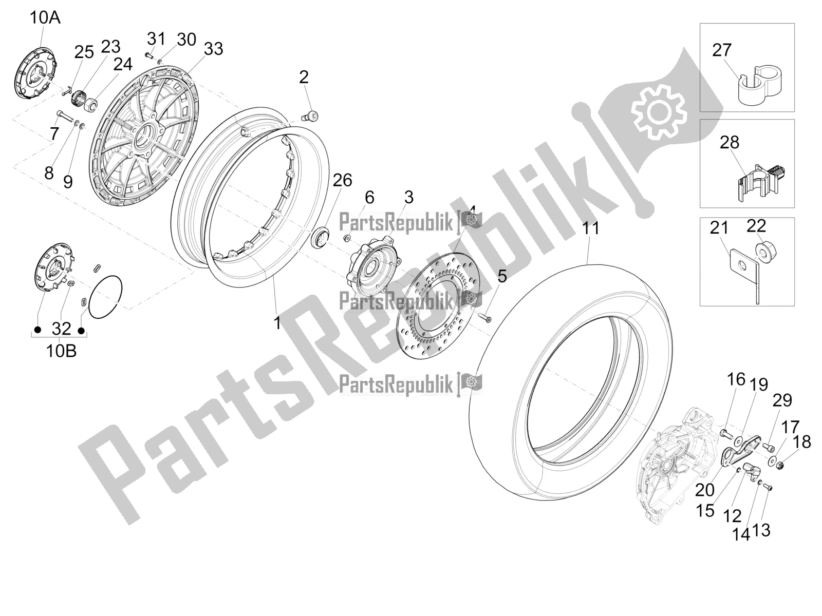 All parts for the Rear Wheel of the Vespa 946 125 4 STR / Red 2016