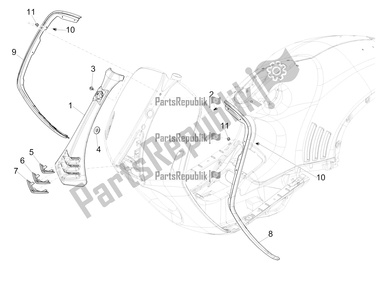 All parts for the Front Shield of the Vespa 946 125 4 STR / Red 2018