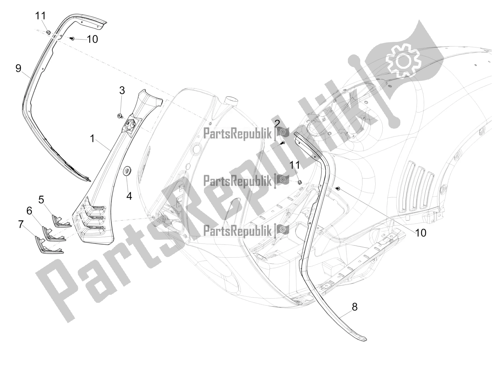 All parts for the Front Shield of the Vespa 946 125 4 STR / Red 2019