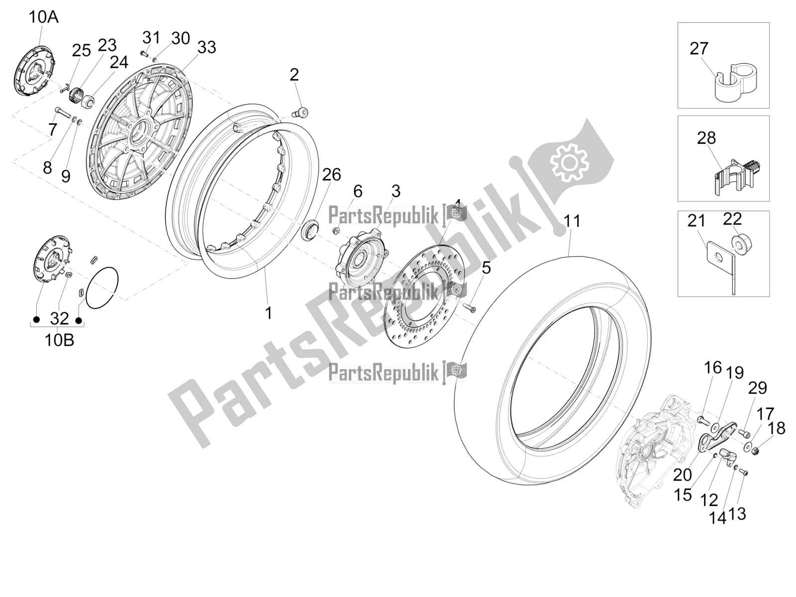 All parts for the Rear Wheel of the Vespa 946 125 4 STR / Red 2019