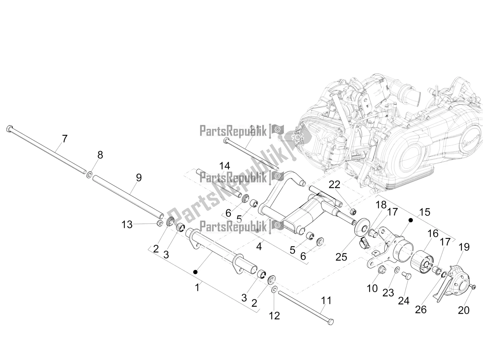 All parts for the Swinging Arm of the Vespa 946 125 4 STR / Red 2019