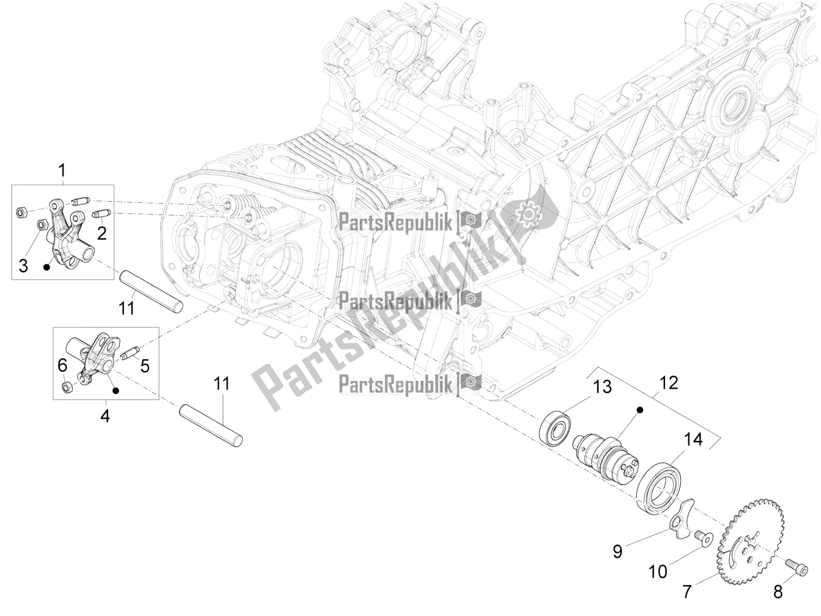 All parts for the Rocking Levers Support Unit of the Vespa 946 125 4 STR / Red 2021